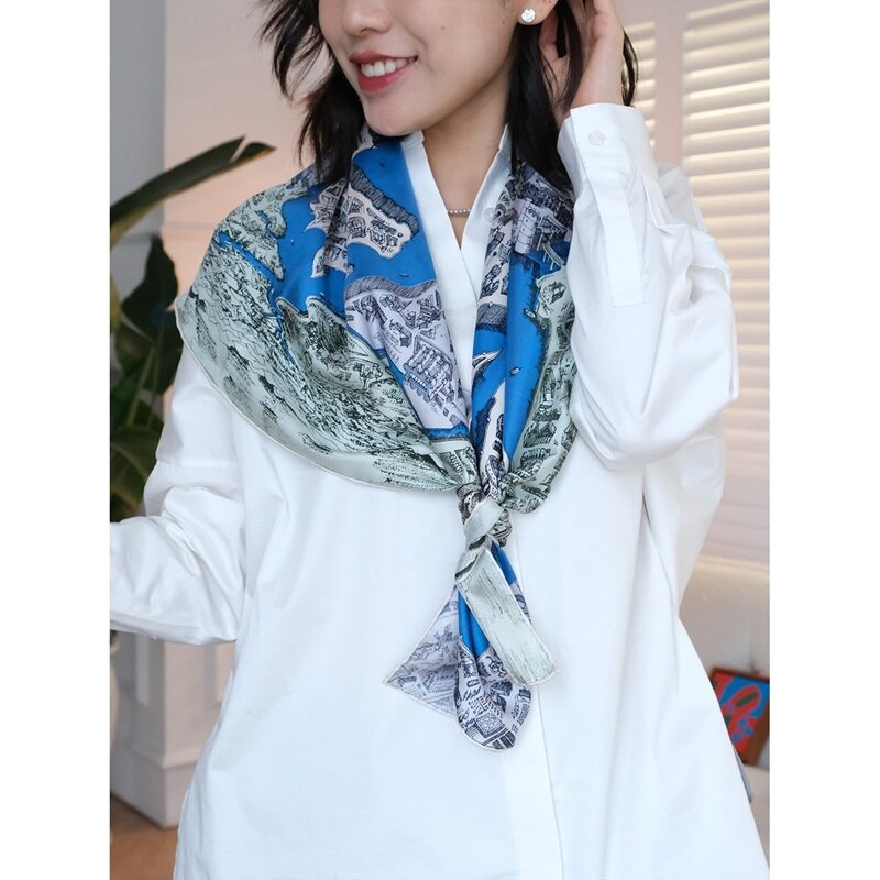 Популярный Шелковый шарф с принтом 100%, шейный платок, шаль, фуляр, весна 2022, сказочные шарфы, палантины 35x35 дюймов