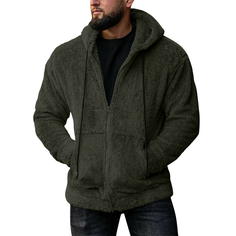 Winter Men's Hooded Coat Double Sided Plush Casual Loose Thermal Hooded Jackets Solid Color Zipper Pocket Jackets Male Jackets