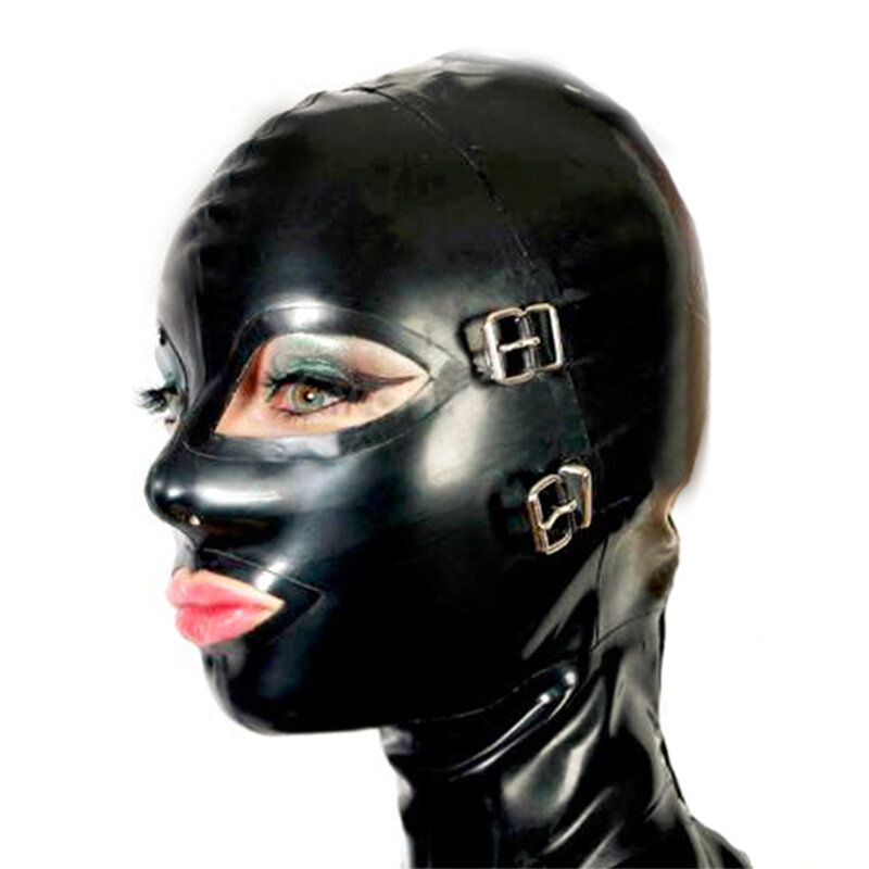 2024 New Customize Exotic Latex Rubber Hoods with Nose Tube Mouth Teeth Gag Plug Eyeshade Open Eyes and Mouth Cover Mask Zip