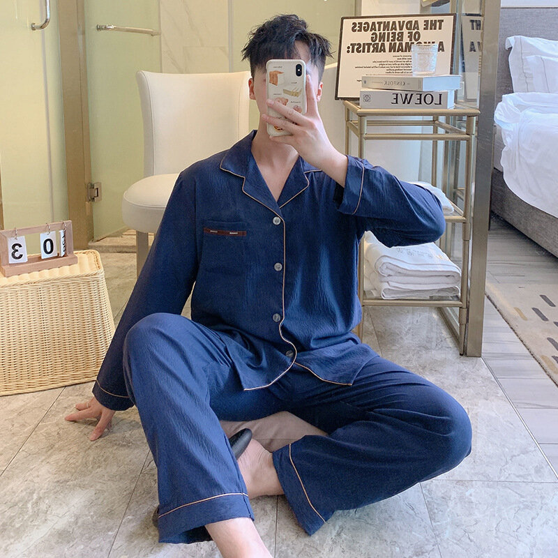 2024 Men's Pajamas Spring Autumn Long Sleeved Home Clothes Pyjamas Solid Color Loungewear Loose Casual Sleepwear Male Lingerie