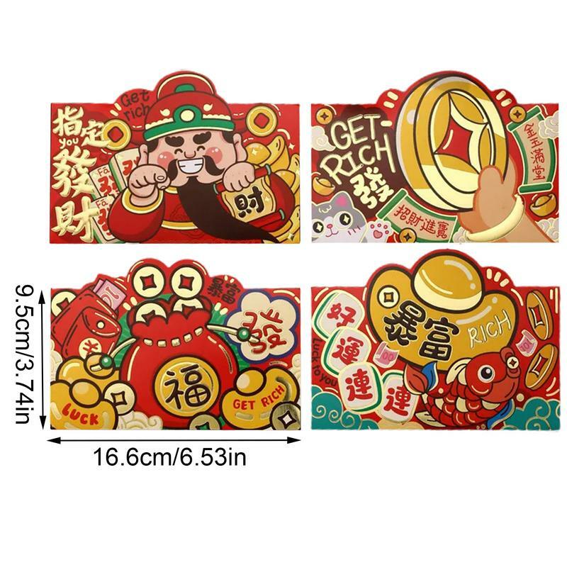 Sobres rojos de dibujos animados de Año Nuevo Chino, 4 piezas, Festival de Primavera Hongbao, bolsillos para dinero, paquetes de la suerte de boda, moda, 2024