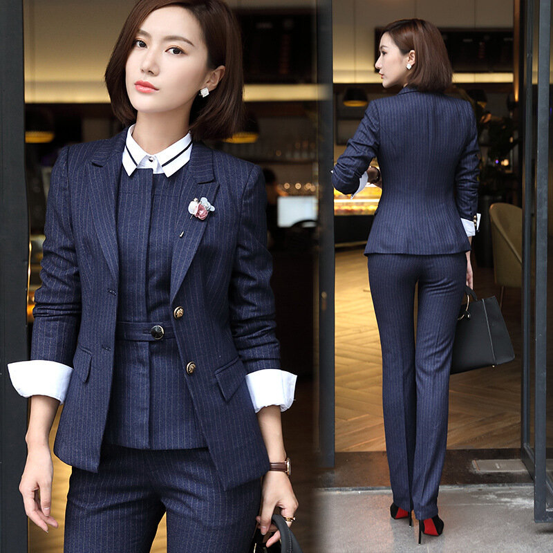 965 Business Wear Women's Suit Striped Suit Female Temperament Business Ol Formal Suit Hotel Manager Work Clothes