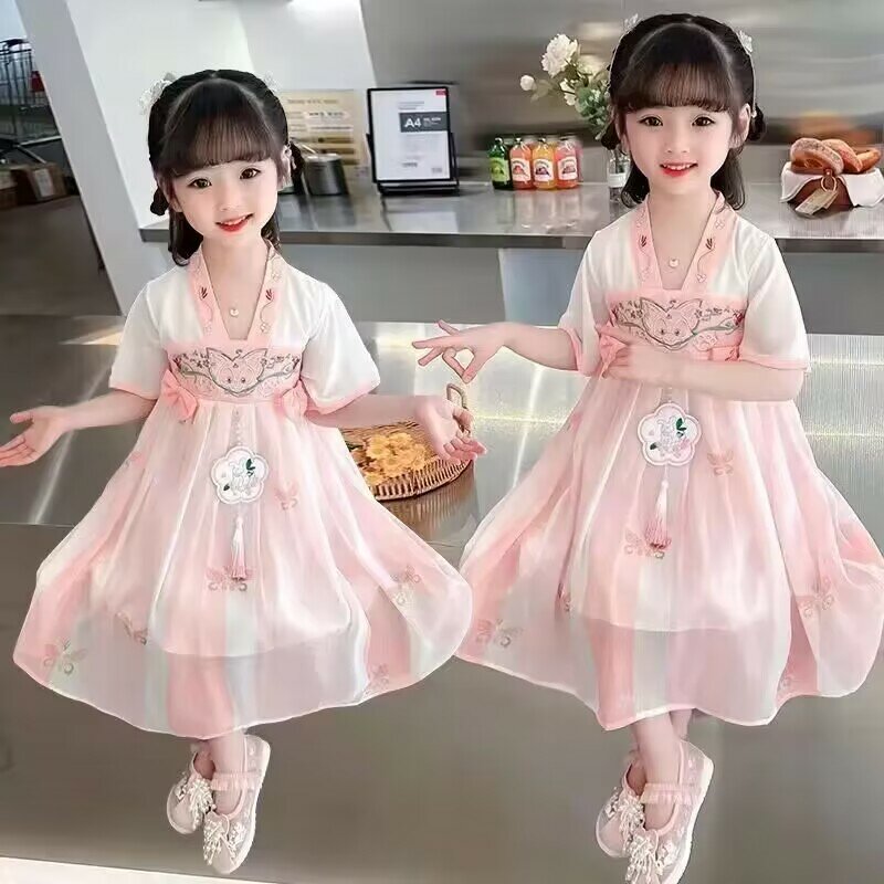 Платье для маленьких девочек, летняя одежда, новинка, детское платье принцессы с коротким рукавом в китайском стиле ханьфу