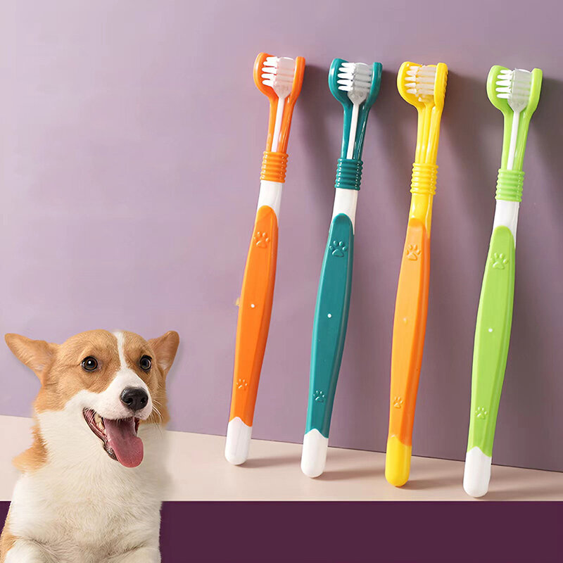 แปรงสีฟันหลายมุมสามด้านแปรงสีฟันสัตว์เลี้ยงสามด้านแปรงสำหรับสุนัขแมวเครื่องมือดูแลฟันกลิ่นปาก