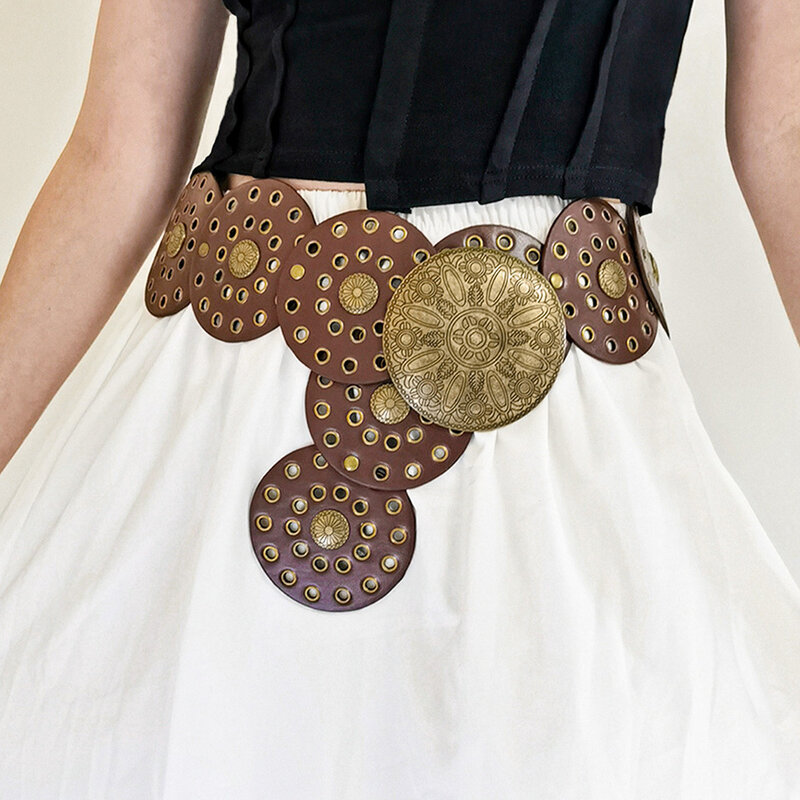 Ремень в западном стиле Женский, винтажный широкий пояс из денима, с металлической перфорацией, с круглым вырезом, индивидуальный