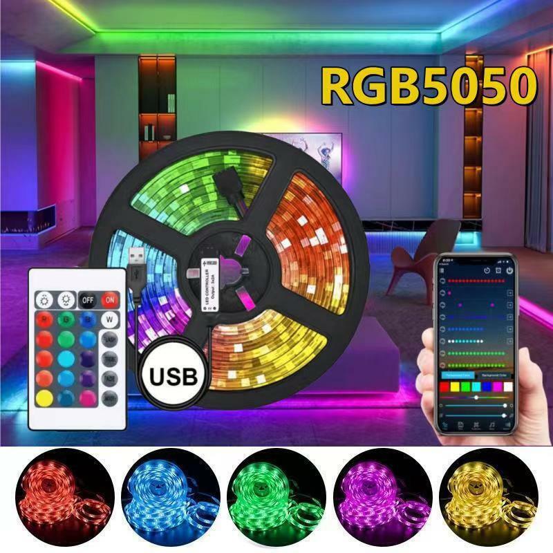 RGB Cor LED Strip Light, USB, Bluetooth, Luz de fundo de TV para festa, Decoração do quarto, 5050, 1m, 2m, 3m, 4m, 5m, 10m, 15m