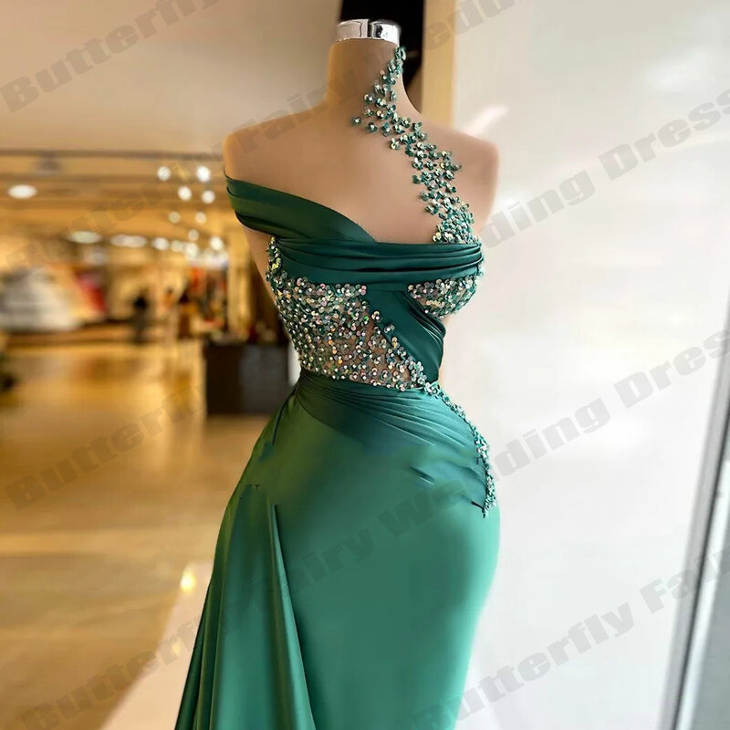 2023 Green Women's Evening Dresses Mermaid Crystal Beads Sexy Sleeveless Princess Prom Gowns Formal Beach Party Robes De Soirée