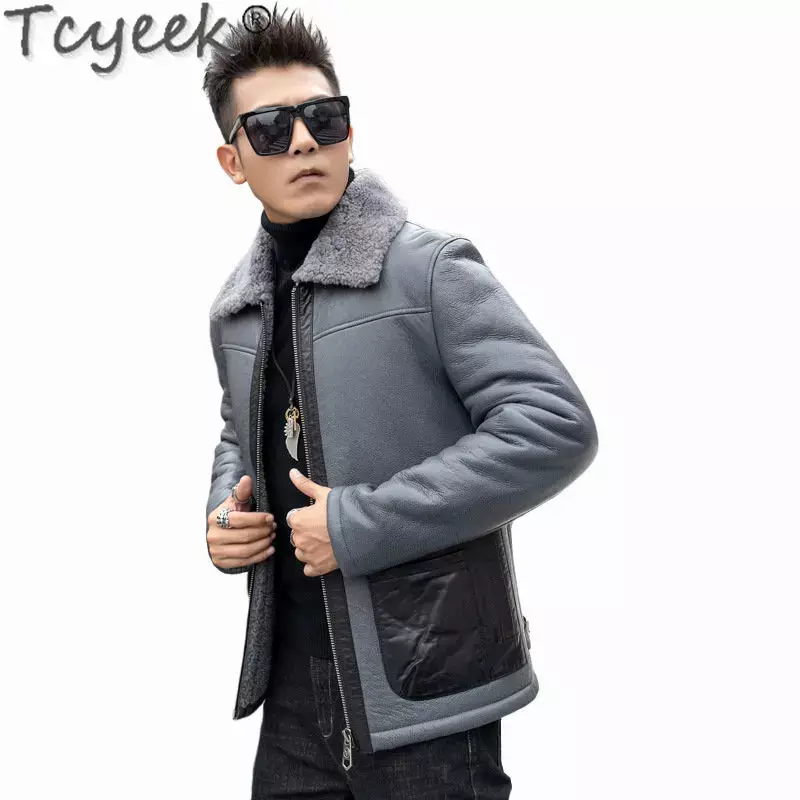 Tcyeek-Casacos de pele naturais masculinos, jaqueta quente de motocicleta, pele de carneiro genuína, casaco curto