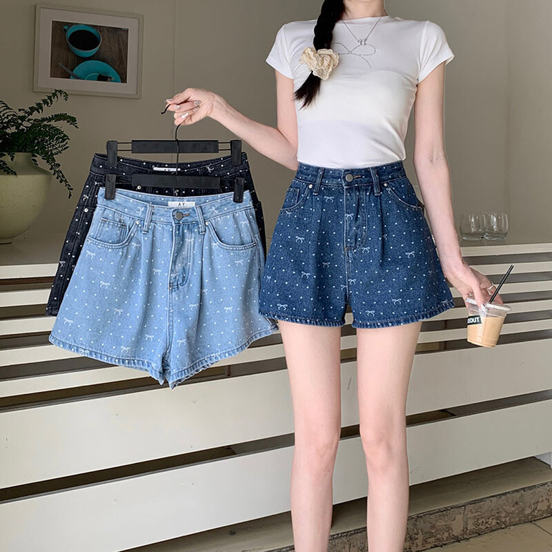 กางเกงยีนส์เอวสูงมีโบว์พิมพ์ลายจุดกางเกงขาสั้นทรงเอสำหรับผู้หญิงกางเกงทรงหลวมขากว้างแบบเกาหลี celana pendek DENIM สำหรับผู้หญิง