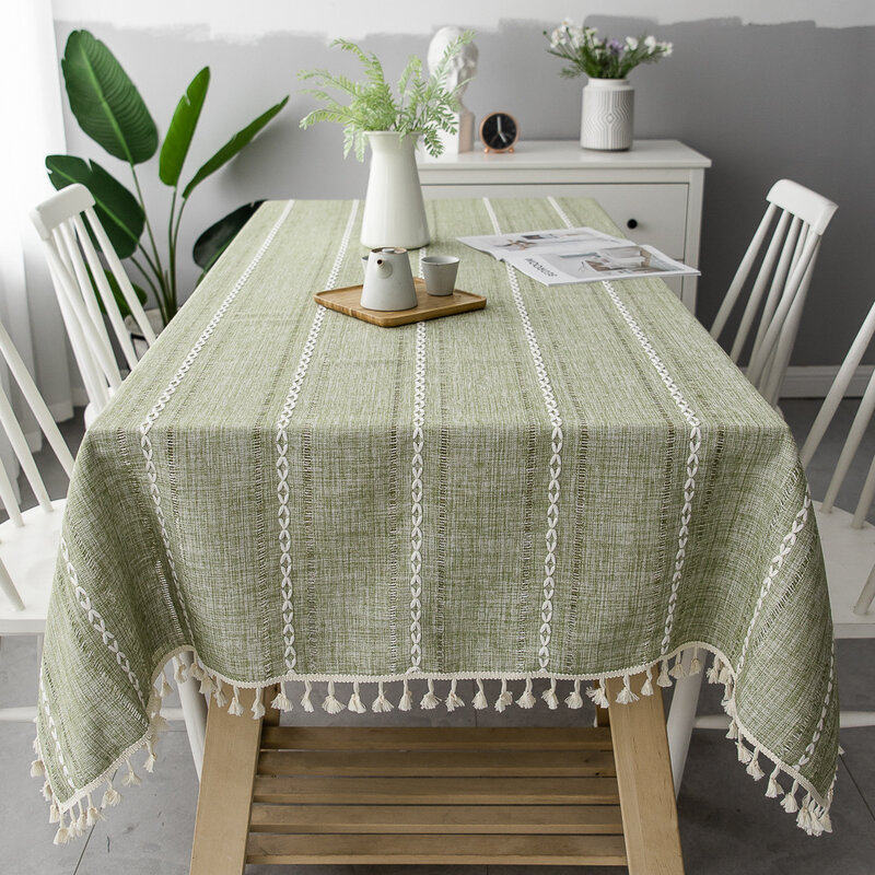 ผ้าฝ้ายผ้าลินินผ้าปูโต๊ะ Tassels กันน้ำกันน้ำลายตารางผ้าหนาสี่เหลี่ยมผืนผ้างานแต่งงานโต๊ะรั...