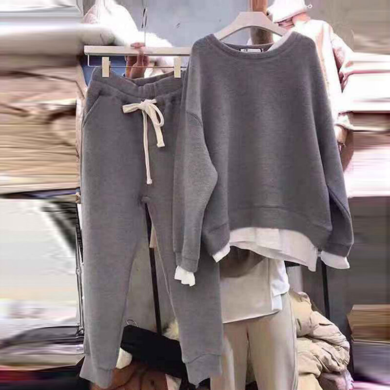 Luźne 2 szt. Spodnie damskie zestawy jesienno-zimowe jednolite bluzy i spodnie do kostek Casual All Match odzież damska garnitury