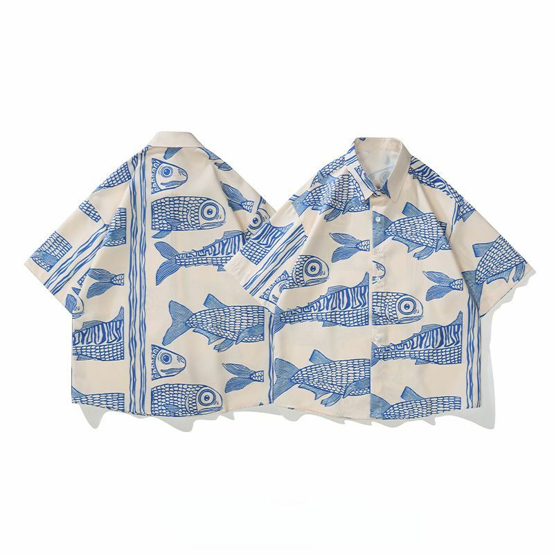 Summer Fried Street American Style 2023 Fashion Small Fish Print New Personalized Mens Casual Shirts Oversized