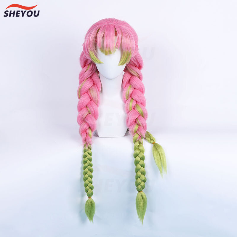 Kanroji Mitsuri Peruca Cosplay com boné, cabelo sintético longo, verde e rosa, resistente ao calor, anime, halloween, alta qualidade