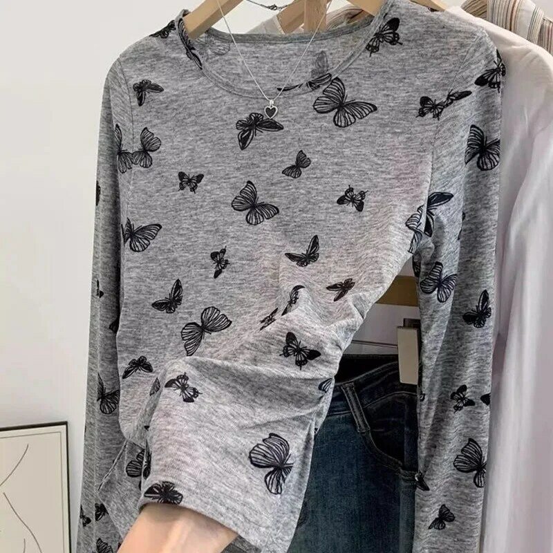 Spring Summer New Solid Color Minimalist Commute Bow Printed Crew Neck Thin Ruched Slim Casual Long Sleeve T-shirts Women's Tops
