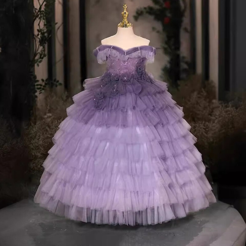 Purple Gorgeous Flower Girl Dresses Floor Length Soft Tulle Ball Gown Tiered Cake Dress Royal Open Back Ruffle Celebrity Dress