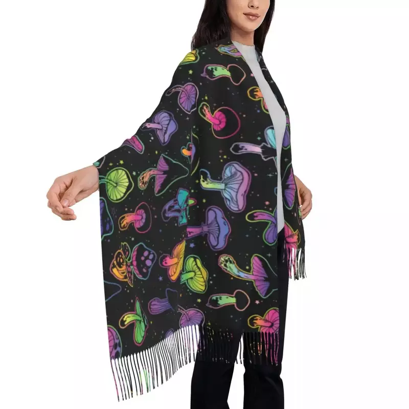 Bufanda de setas mágicas psicodélicas para mujer, chal largo de invierno cálido con borla, bufandas Unisex