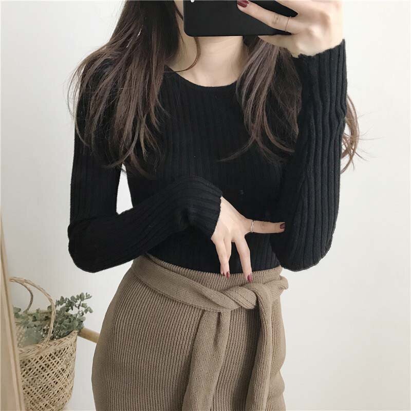 Fashion O-neck Solid Color Slim Long-sleeved Women Sweater Brick Red Bottoming Pullovers