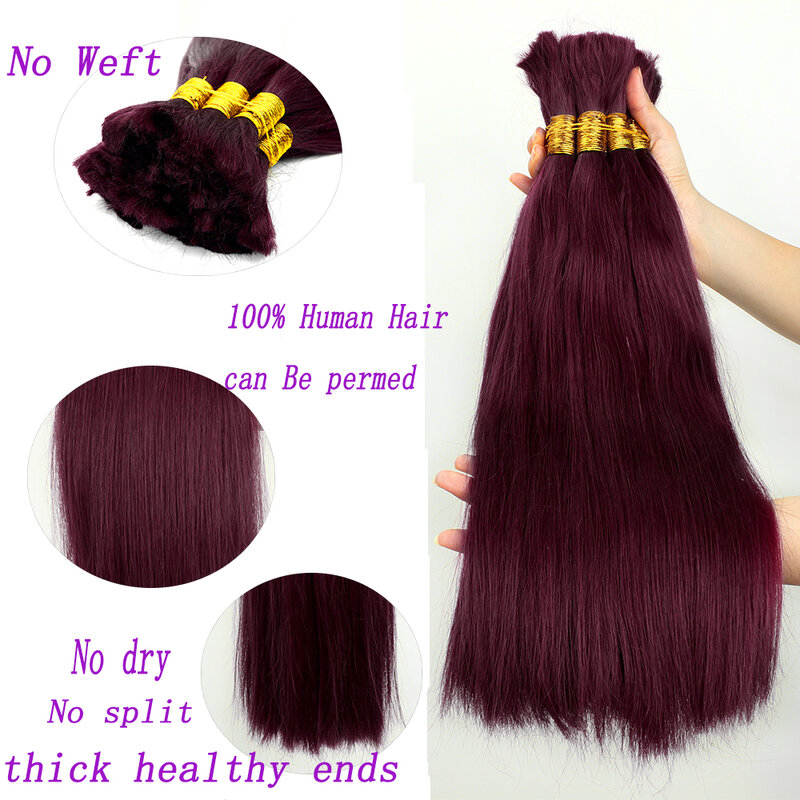 Lovevol-Borgonha Straight Pacotes de cabelo humano, 100% extensões de cabelo humano, massa para trançar, sem cor de trama, 16-26, 100G, 99J