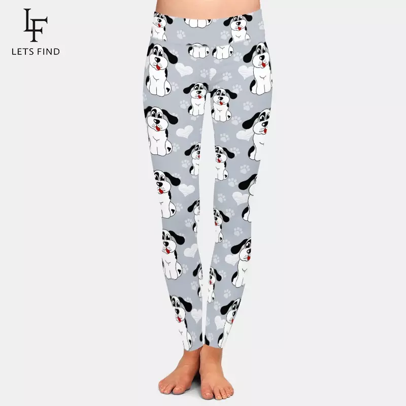 Letsfind calças elásticas femininas de cintura alta 3d dos desenhos animados cães e cachorro pata leite impressão seda leggings casuais