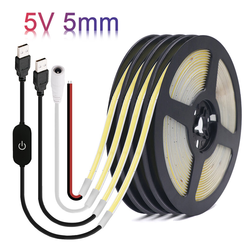 5mm 5V COB LED Strip Light USB High Density Linear Lighting 320Led/m Dimmable Flexible Led Tape Warm Natural White 9 Colors