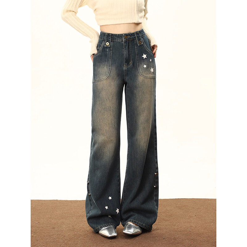 Jeans untuk wanita 2023 celana Jeans pinggang tinggi kasual Fashion baru celana kaki lurus Jeans gaya jalanan Y2k