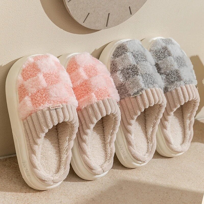 Winter Thick-Soled Plush Slippers Home Couple Floor Shoes Men'S Women'S Autumn Indoor Soft Warm Anti-Slip Cotton Slippers 1 Pair