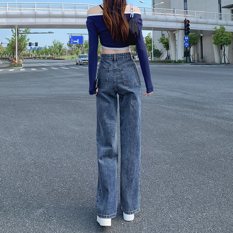 High Waist Jeans Women Straight Spring Loose Classic Korean Fashion Streetwear Full-length Simple Students Leisure Stylish Chic