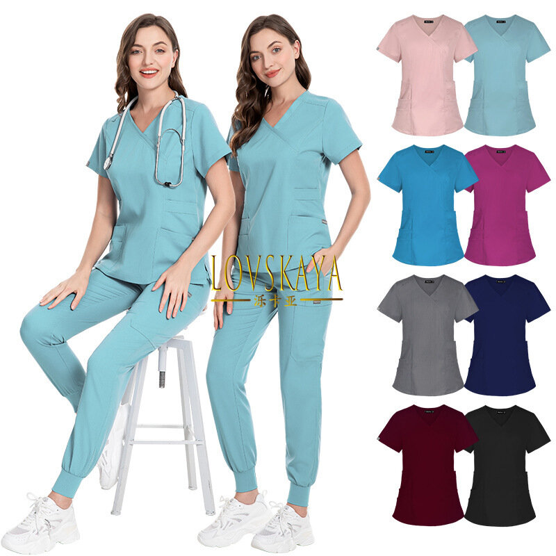 얇은 V넥 수술 가운 간호사 유니폼, 다중 포켓, 의사 격리 작업 유니폼, 간호사 손 세척 옷, 여름