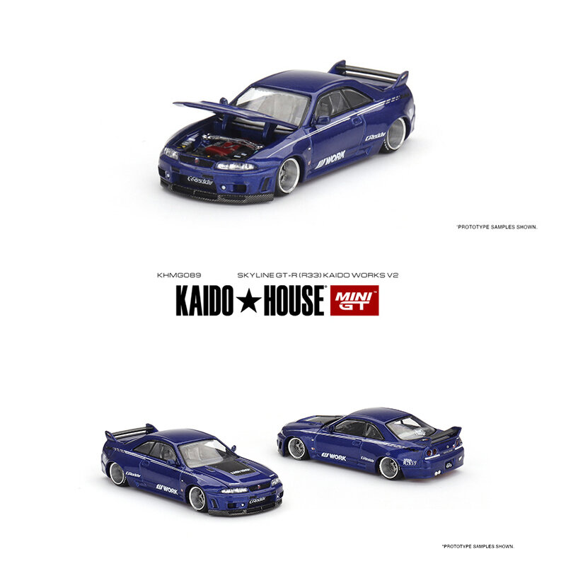 MINIGT KHMG089 modelo de coche, modelo de coche en miniatura, GTR R33 Skyline, capó que se puede abrir, Diorama, Colección, casa de Kaido, 1:64