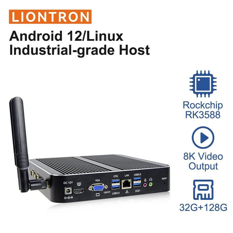 Liontron безвентиляторный мини-ПК RK3588 на Android 12, 6 топов, 32 ГБ ОЗУ, 8K, RJ45 Lan, промышленность, RS232, RS485, VGA, HDMI, BT, Wi-Fi
