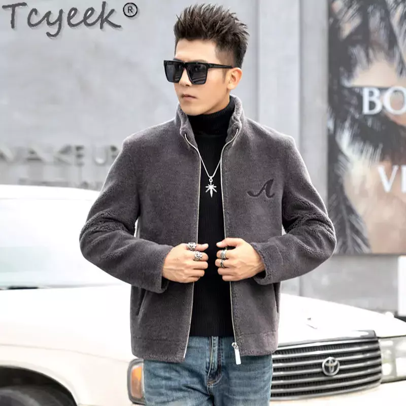 Tcyeek-メンズウォームウールコート,本物の毛皮のジャケット,羊,輝く毛皮の毛皮,スリムな衣類,韓国のファッション