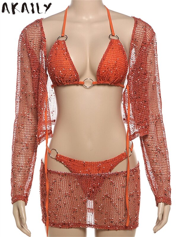 Akaily-Conjunto de 4 piezas de punto naranja para mujer, Bikini Bandage Sexy, falda transparente, para vacaciones en la playa, tendencia de verano, 2024