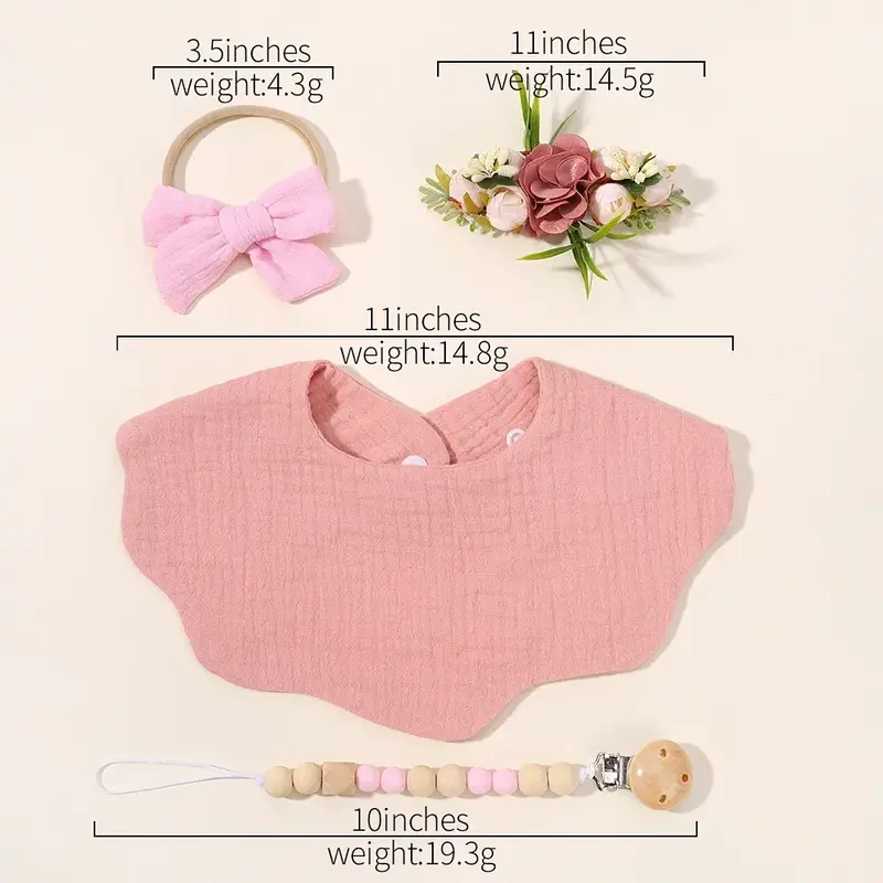 4Pcs/Set Flower Print Baby Bib Headband Elastic Nylon Hair Band Food Grade Silicone Beads Pacifier Clip Chain Gift Box for Baby