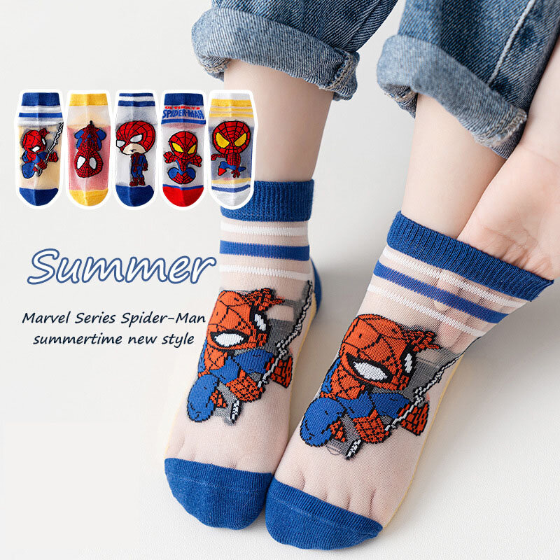 5ペア漫画の驚異スパイダーマンアイアンマン子供たちは綿の夏薄型通気性子供靴下ベビーボーイズシ1-12 y
