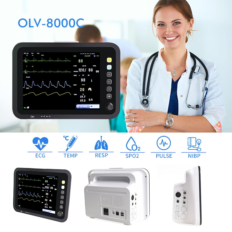 جهاز مراقبة المرضى الطبي معدات القلب 12 بوصة جهاز مراقبة الإشارات الحيوية القابل للحمل سرير عيادة المستشفى SpO2 ECG NIBP