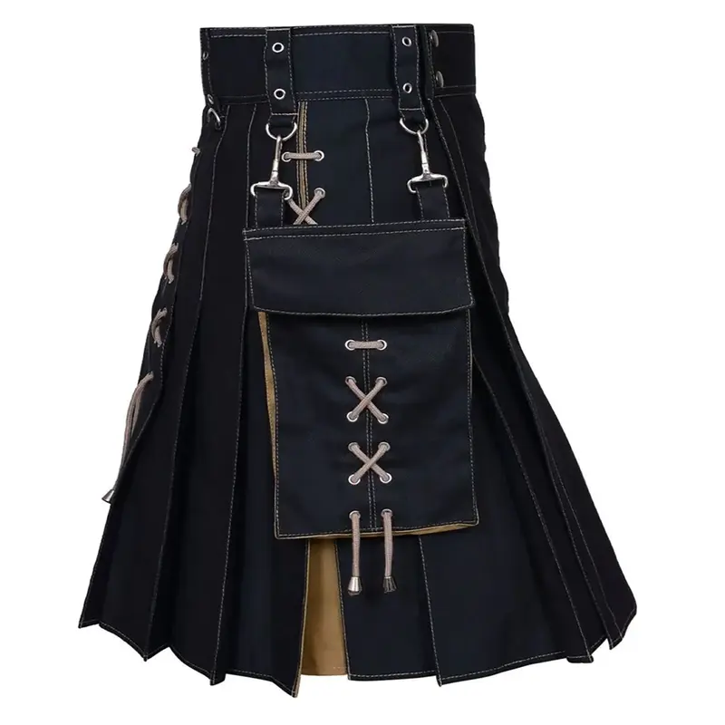 Men Scottish Kilt Cosplay Scotland Retro Gothic Pleated Skirt Hip Hop Shorts Sashes Pocket Knee Length Traditional Highland Kilt