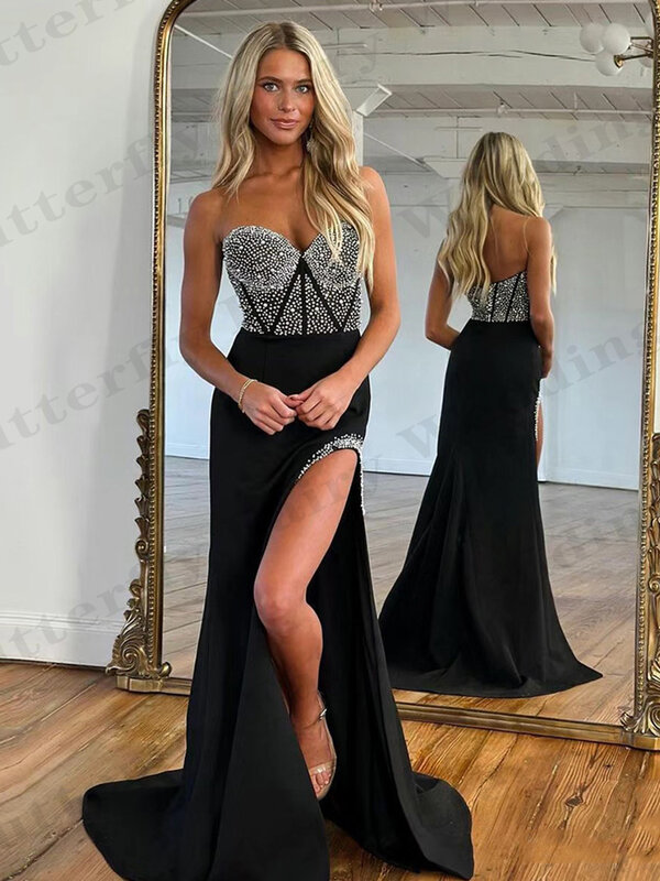 Seksowna suknie wieczorowe z odkrytymi plecami modna luksusowa z koralikami syrenka bez rękawów z wysokim rozciętym na imprezę bal suknia 2024