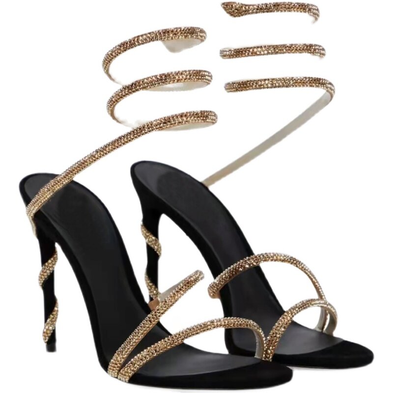 2023 New French Diamond Ribbon Snake Shaped Round Foot High Heel Thin Heel Round Toe Open Toed Women's Sandals