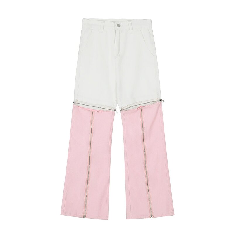 Pantalones de mezclilla Micro de retales desmontables Harajuku para hombre, ropa de calle de moda con cremallera, pantalones vaqueros de pierna ancha de bloque de color, ropa holgada