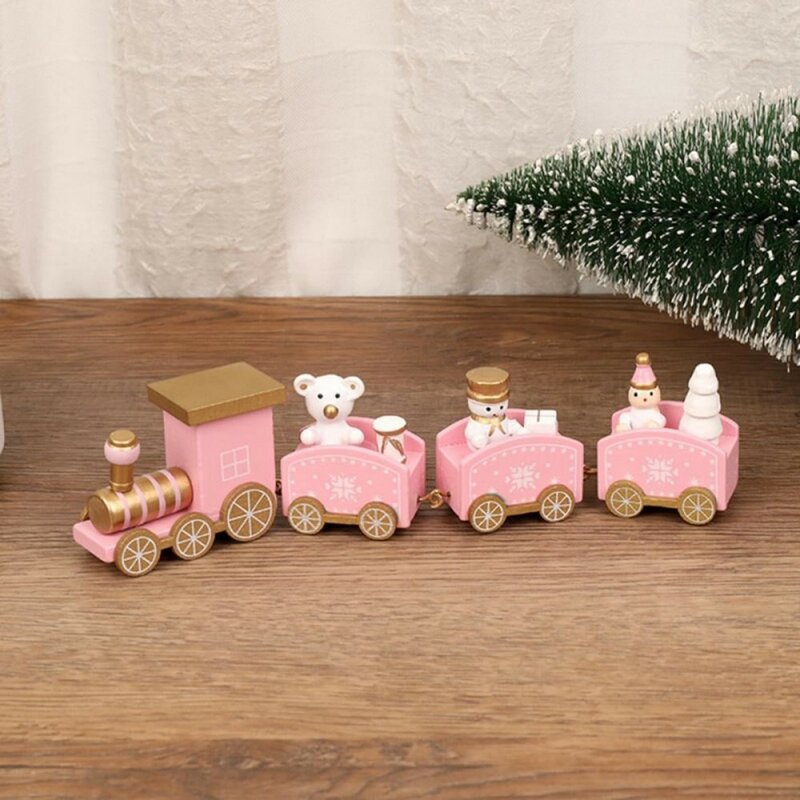 Ornamen kereta kayu merah muda Natal, dekorasi Selamat Natal untuk 2023 rumah hadiah anak-anak Noel Natal Navidad Tahun Baru 2024