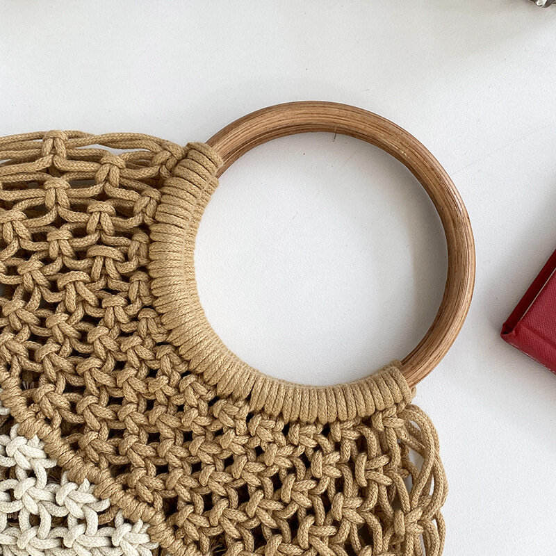 Брендовая дизайнерская плетеная Сумка с круглой деревянной ручкой, ажурная сумка, богемные женские сумки, праздничная плетеная Сумка из веревки для отпуска