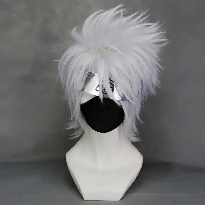 Najwyższej jakości Hatake Kakashi srebrno-biały krótka kudłata warstwowa peruka Anime Cosplay tylko darmowa peruka czapka