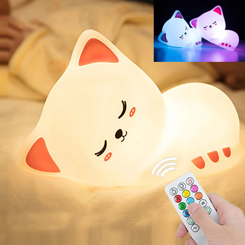 ไฟ LED รูปแมวสำหรับเด็ก, ไฟควบคุมระยะไกลได้โคมไฟเซ็นเซอร์ห้องเด็กซิลิโคนไฟกลางคืนแบบสัมผัสได้