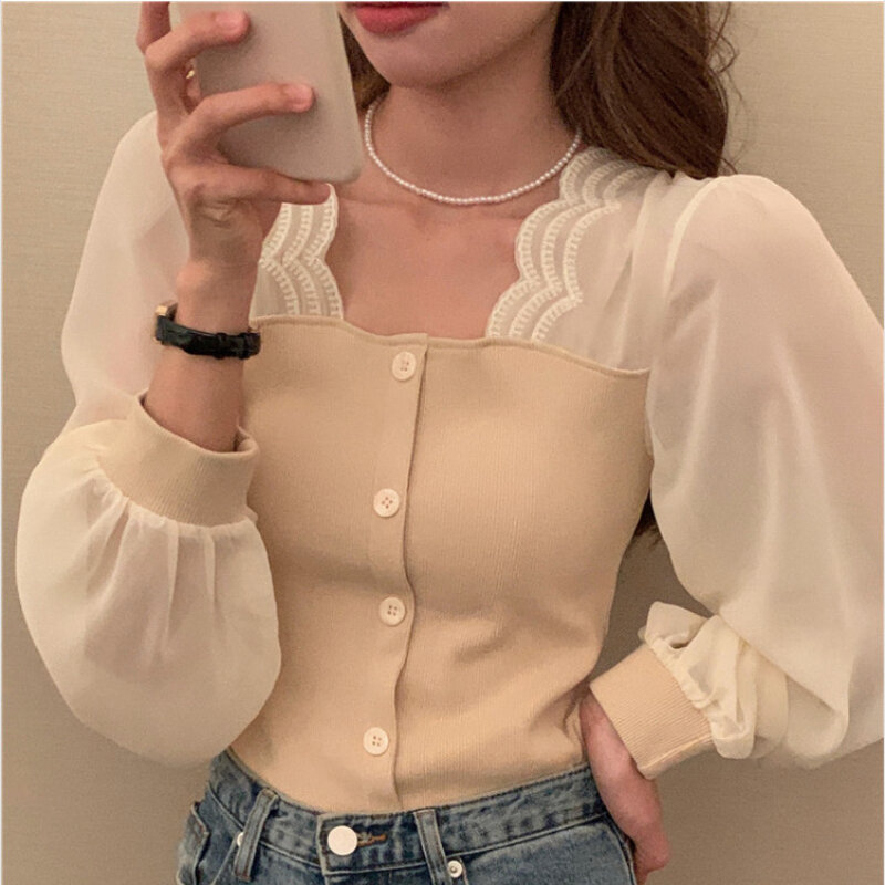 Women Clothing 2022 Spring and Autumn Korean Patchwork Square Collar Chiffon Slimming Bubble Sleeve Casual Fashion Shirt Women