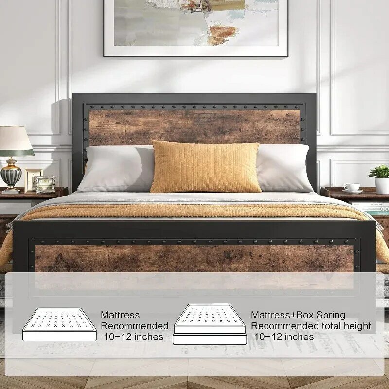 King Metal Wood Bed Frame with 4 Storage Drawers, Rivet Modern Headboard and Footboard Platform, No Box Spring Needed
