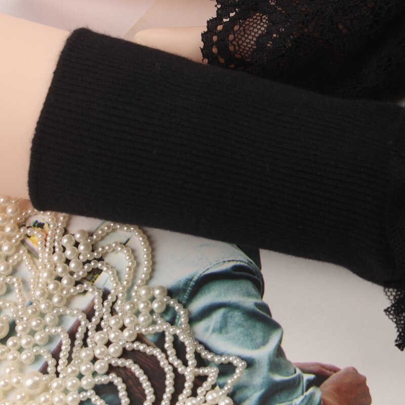 Women Double Layer Ruffles Lace Patchwork Arm Warmers Knitted Fingerless Gloves