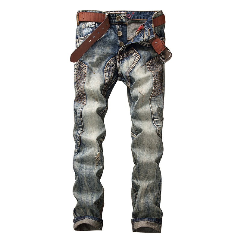Men Vintage Blue Denim Jeans Embroidery Patches Spliced Pockets Button Fly Pants Retro Non Stretch Slim Straight Trousers