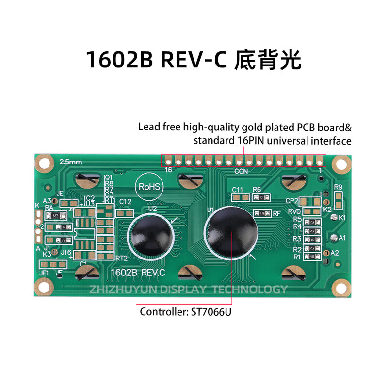 LCM Interface Padrão Tela do Módulo LCD, Filme Verde com Array Backlight, 16PIN, 162, 16X2, 1602 Personagem, 80x36mm