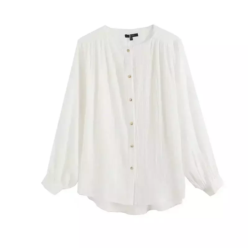 Женская модная повседневная Свободная блузка Joker с мягкой текстурой, винтажная блузка с длинными рукавами и круглым вырезом на пуговицах, шикарный топ, 2023