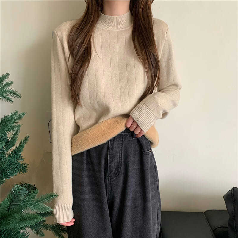 Winter Korean style warm fleece half turtleneck pullover sweater long sleeve knitted sweater womenen thermal shirt